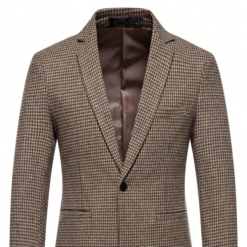 Brown Casual Mens Houndstooth Single Button Tweed Blazer - Picture 1 of 3
